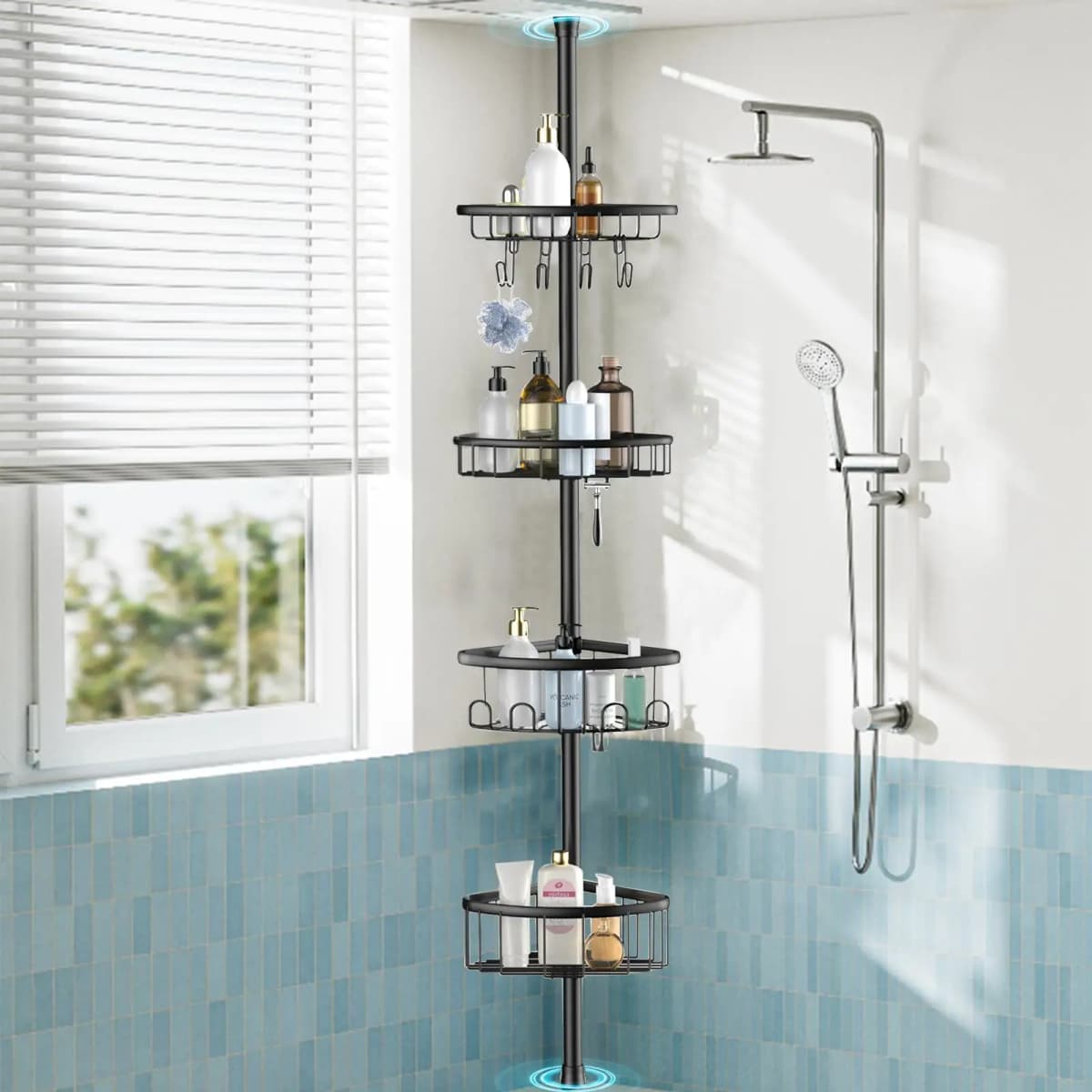Adjustable 4 Tier Corner Shower Caddy Rustproof Stainless Steel Bathroom Organizer Shelf No Drill Punch-Free Tension Pole Rack 47-121 Inch Heavy Duty Storage with Hooks for Bathtub Shampoo Space Saving Black
