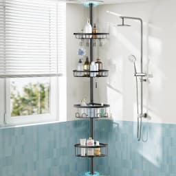 Adjustable 4 Tier Corner Shower Caddy Rustproof Stainless Steel Bathroom Organizer Shelf No Drill Punch-Free Tension Pole Rack 47-121 Inch Heavy Duty Storage with Hooks for Bathtub Shampoo Space Saving Black