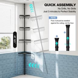 Adjustable 4 Tier Corner Shower Caddy Rustproof Stainless Steel Bathroom Organizer Shelf No Drill Punch-Free Tension Pole Rack 47-121 Inch Heavy Duty Storage with Hooks for Bathtub Shampoo Space Saving Black