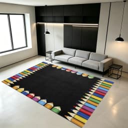 Colorful Crayon Pencil Border Black Background Carpet Non-Slip Kids Rug Suitable for Classroom Playroom Home Decor