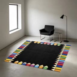 Colorful Crayon Pencil Border Black Background Carpet Non-Slip Kids Rug Suitable for Classroom Playroom Home Decor