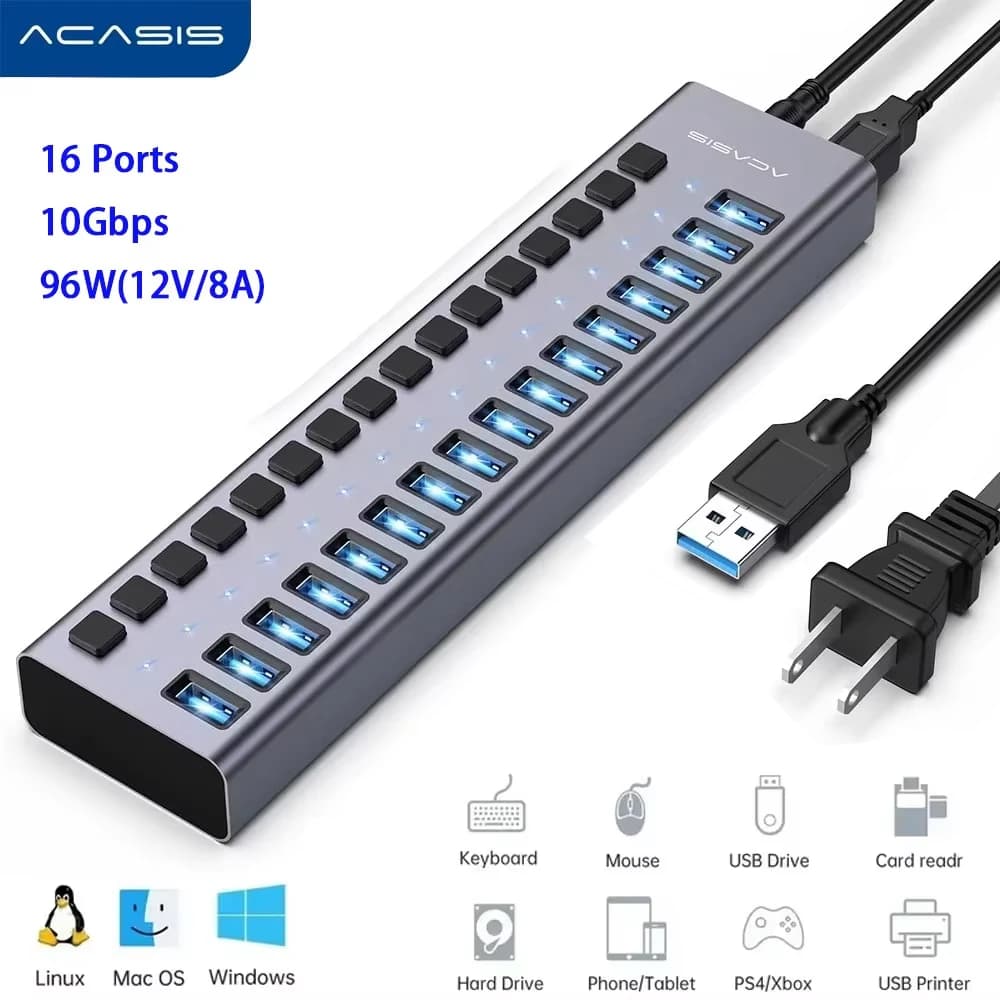 Acasis 16 Port 10Gbps USB Hub Splitter Data Transfer Charging For PC Laptop Workstation Multi Device Expansion Individual Switch