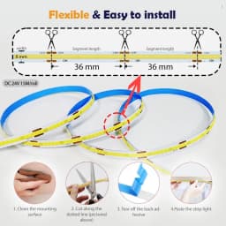 ETL Listed 24V DC 50ft/15m COB LED Strip Lights 3000K/4000K/6500K Dimmable with RF Remote Control for Bedroom Cabinet Kitchen Living Room(Power Supply Included)