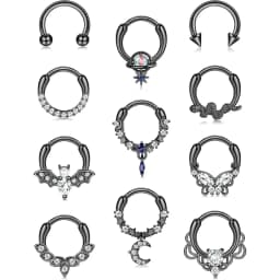11PCS 16G Septum Rings Hypoallergenic Black /Silver/Gold Plated Clicker Septum Jewelry Cute Moon Snake Butterfly Bat Septum Rings Nose Daith Piercing Jewelry for Women Men
