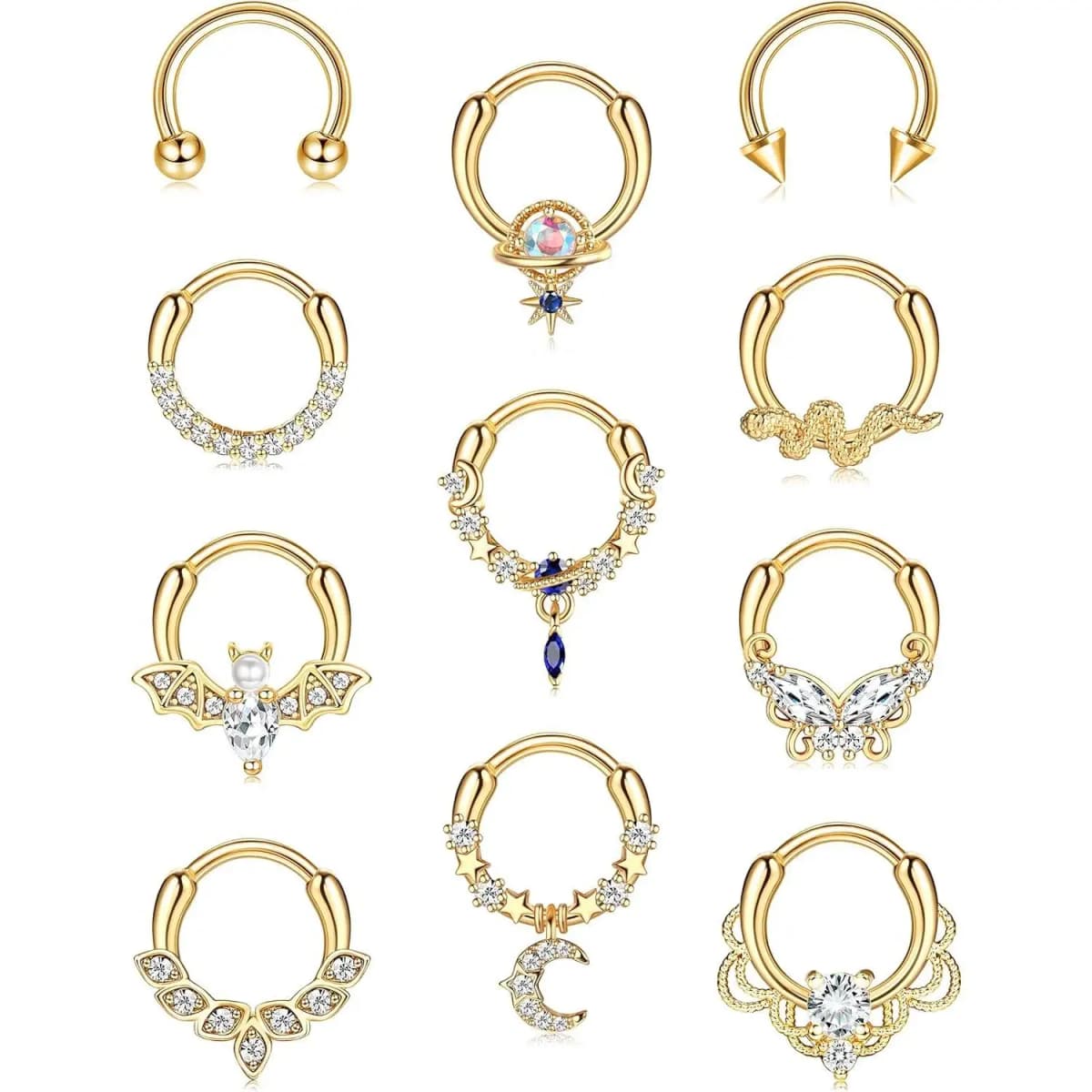 11PCS 16G Septum Rings Hypoallergenic Black /Silver/Gold Plated Clicker Septum Jewelry Cute Moon Snake Butterfly Bat Septum Rings Nose Daith Piercing Jewelry for Women Men