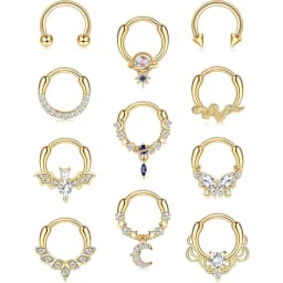 11PCS 16G Septum Rings Hypoallergenic Black /Silver/Gold Plated Clicker Septum Jewelry Cute Moon Snake Butterfly Bat Septum Rings Nose Daith Piercing Jewelry for Women Men