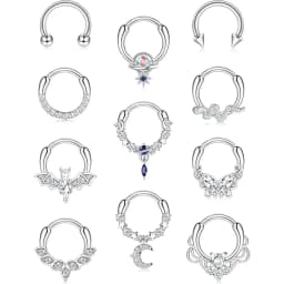 11PCS 16G Septum Rings Hypoallergenic Black /Silver/Gold Plated Clicker Septum Jewelry Cute Moon Snake Butterfly Bat Septum Rings Nose Daith Piercing Jewelry for Women Men