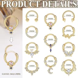 11PCS 16G Septum Rings Hypoallergenic Black /Silver/Gold Plated Clicker Septum Jewelry Cute Moon Snake Butterfly Bat Septum Rings Nose Daith Piercing Jewelry for Women Men