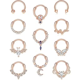 11PCS 16G Septum Rings Hypoallergenic Black /Silver/Gold Plated Clicker Septum Jewelry Cute Moon Snake Butterfly Bat Septum Rings Nose Daith Piercing Jewelry for Women Men