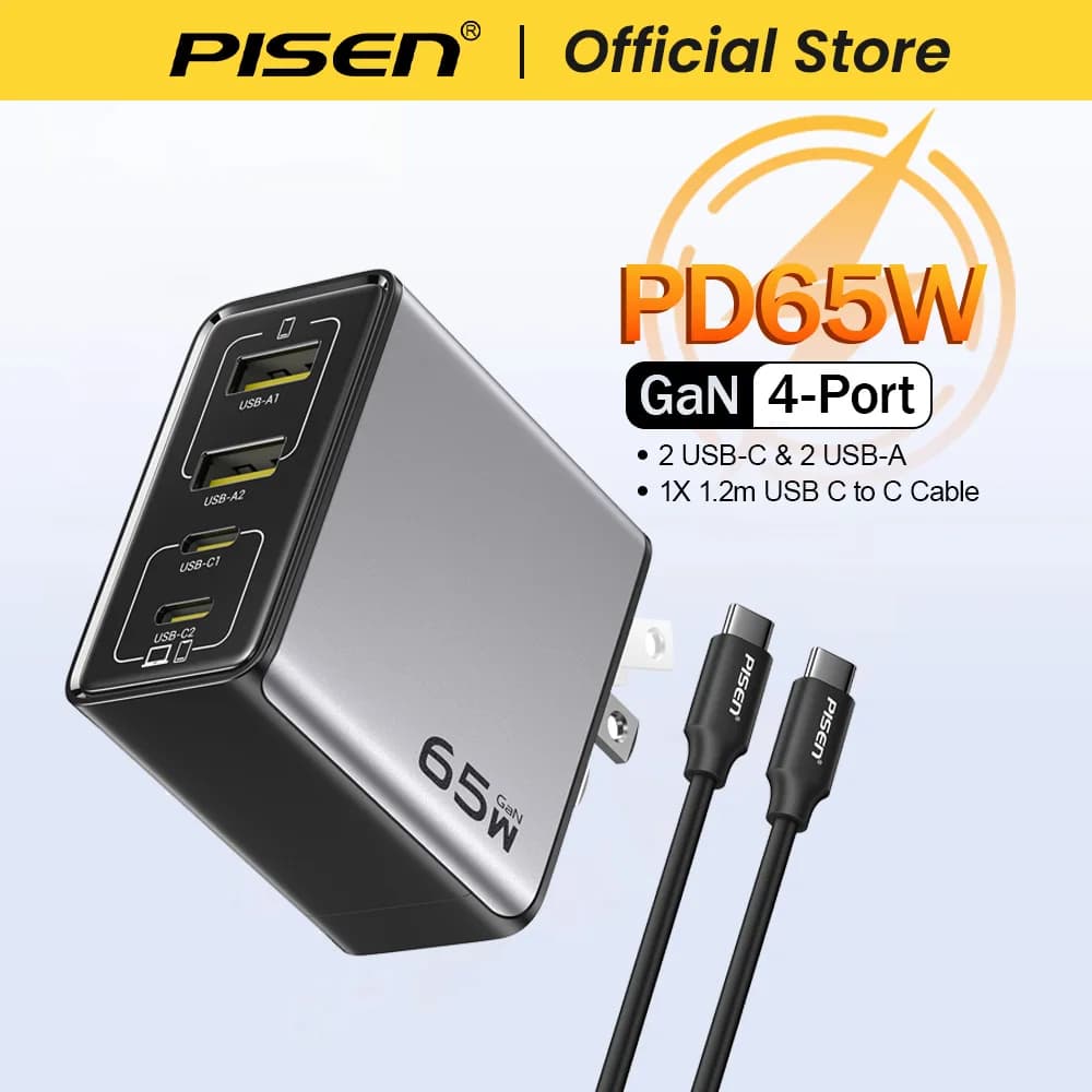 PISEN 100W GaN Charger 3-Port With 1.8m USB C to C Cable PD3.0 Quick Charger For Notebook Laptops MacBook IPhone Samsung Xiaomi