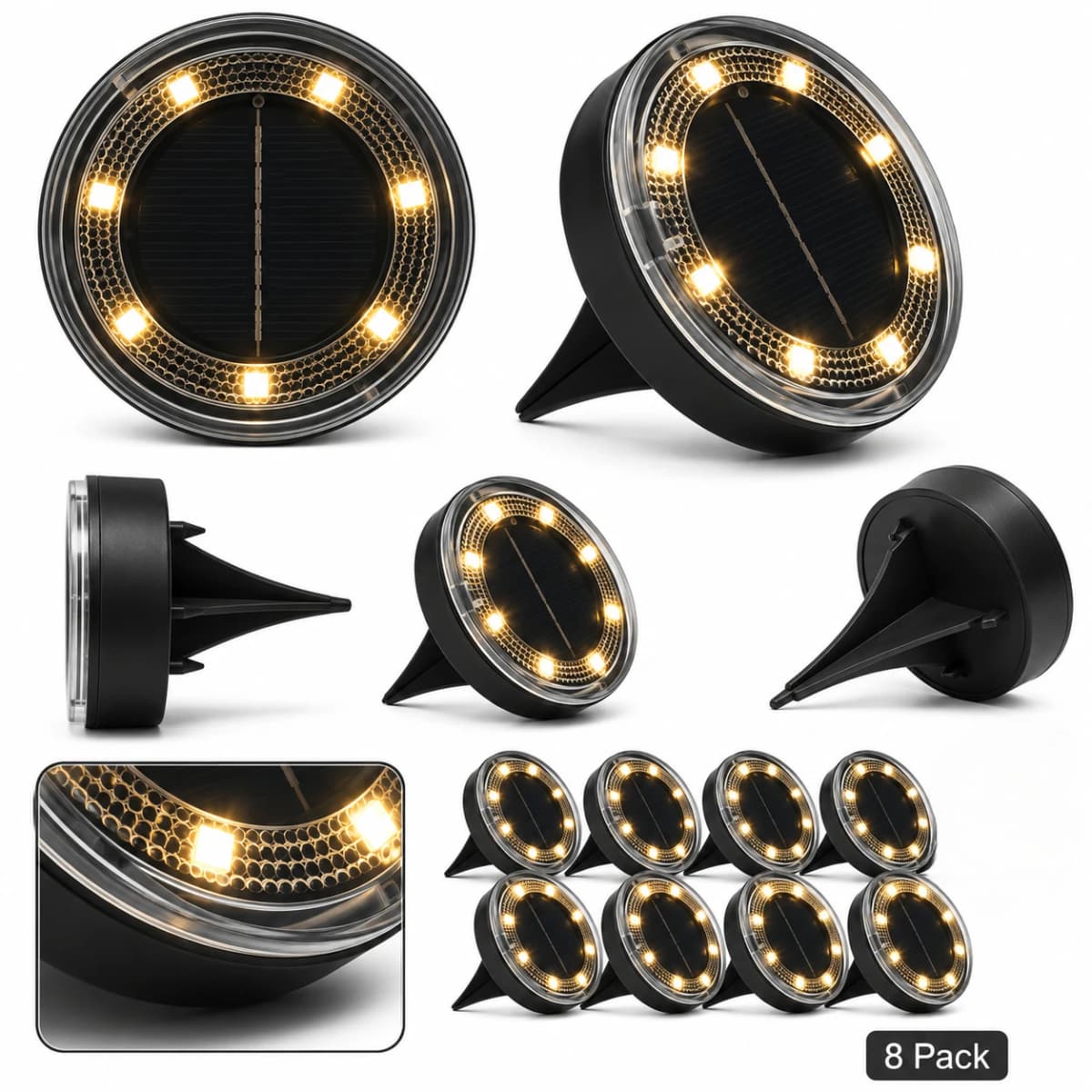 Outdoor Solar Ground Lights 8 Pack, White LED Disk Lights for Garden Path Lawn Yard Patio Driveway, Christmas Gift