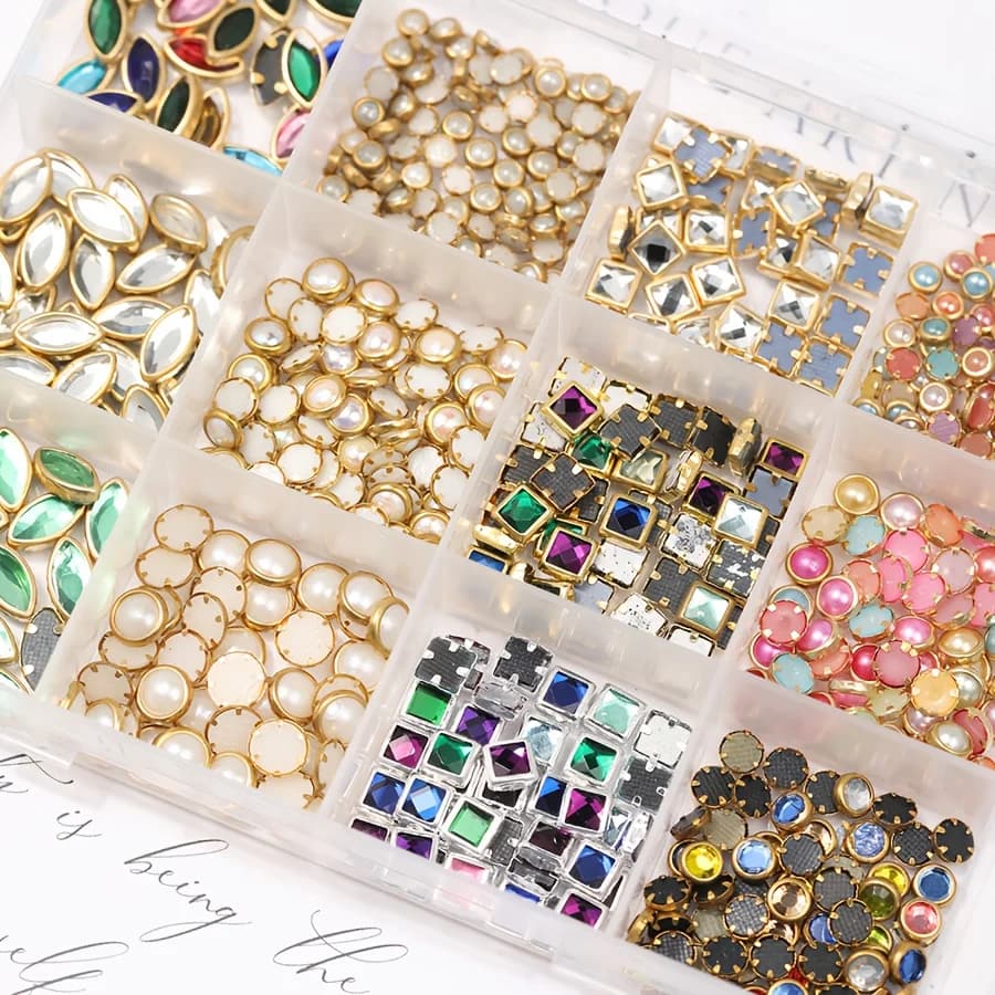 1 Box Multi Shapes Gold Frame Nail Charms Mixed Color Oval Square Teardrop Stone Nail Ornaments Assorted Nail Art Decor for Salon Home DIY Manicure