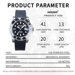 Deesio Luxury Men's Full Automatic Mechanical Watch, 316L Stainless Steel Case, Silicone Strap, Date Display, Luminous Hands, Upgrade 100M Waterproof, High-Mineral Glass, Sport Sweatproof, Self-Wind & Manual Wind, Black Classic Business Casual Design