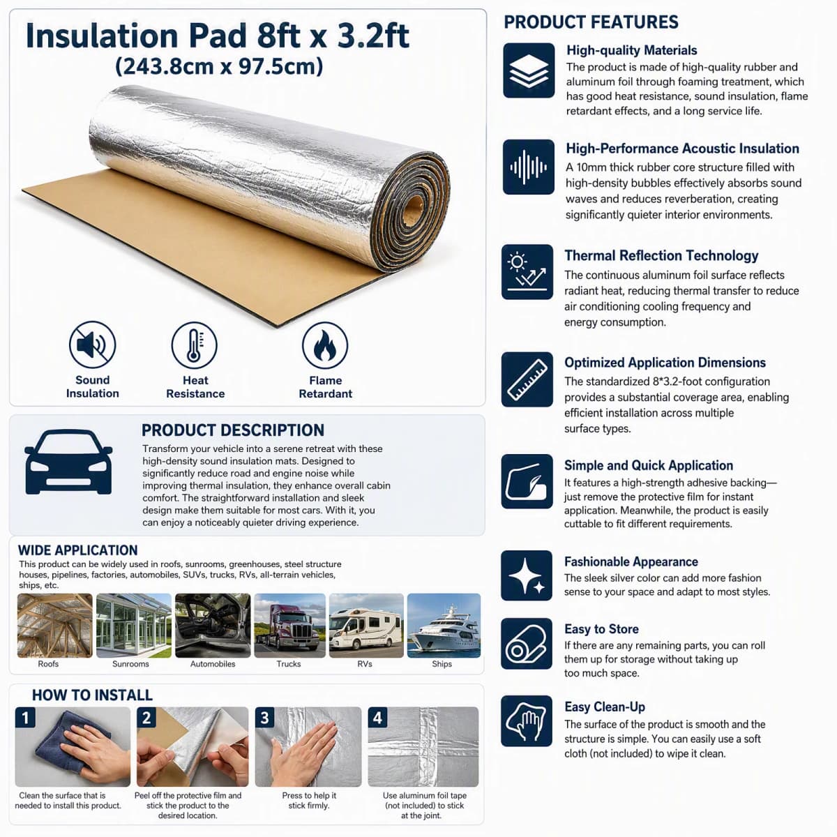 Car Sound Deadening Mat 8x3.2ft Noise Heat Insulation Pad, 10mm Thick Soundproofing Material with Self-Adhesive Backing for Car Roof Floor Door, Silver