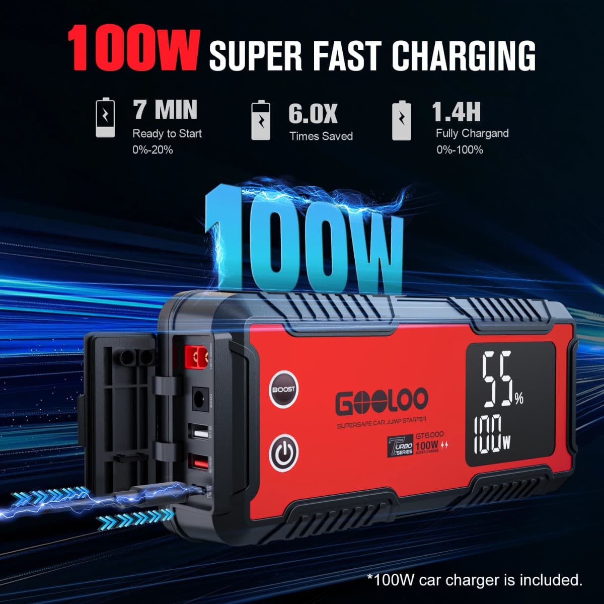 GOOLOO GT6000 6000A Peak 12V Jump Starter with 100W Bi-Directional Fast Charge Portable Car Battery Booster with USB PD & Type-C