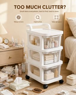 3-Tier Stackable Rolling Storage Cart With Clear Pull-Out Drawers & Top Handle, Space-Saving Mobile Plastic Organizer With Wheels For Bedroom, Bathroom, Dorm, Office & Closet, White