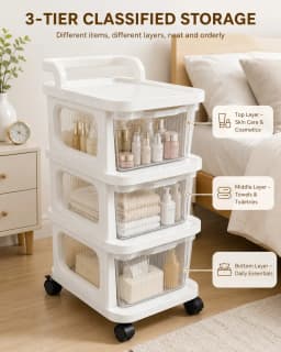 3-Tier Stackable Rolling Storage Cart With Clear Pull-Out Drawers & Top Handle, Space-Saving Mobile Plastic Organizer With Wheels For Bedroom, Bathroom, Dorm, Office & Closet, White