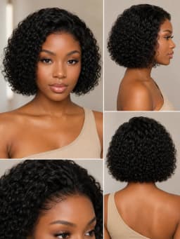 TIMOPOL 13x4 Lace Front Human Hair Short Bob Wig, 8 Inch Jerry Curly #1B Natural Black Glueless Pre Plucked with Baby Hair Curly Wig for Black Women