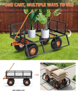 Tacleekii 500 Lbs Capacity Steel Garden Cart 3-in-1 Utility Metal Wagon with Removable Mesh Sides to Convert Into Flatbed 180° Rotating Handle and 10" Tires for Garden, Yard
