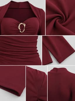 Metal Ring Ruched Long Sleeve Tops for Women, Sweetheart Neck Wrap Shoulder Fitted Y2K Crop Blouse Slim Fit Going‑out Party Shirts