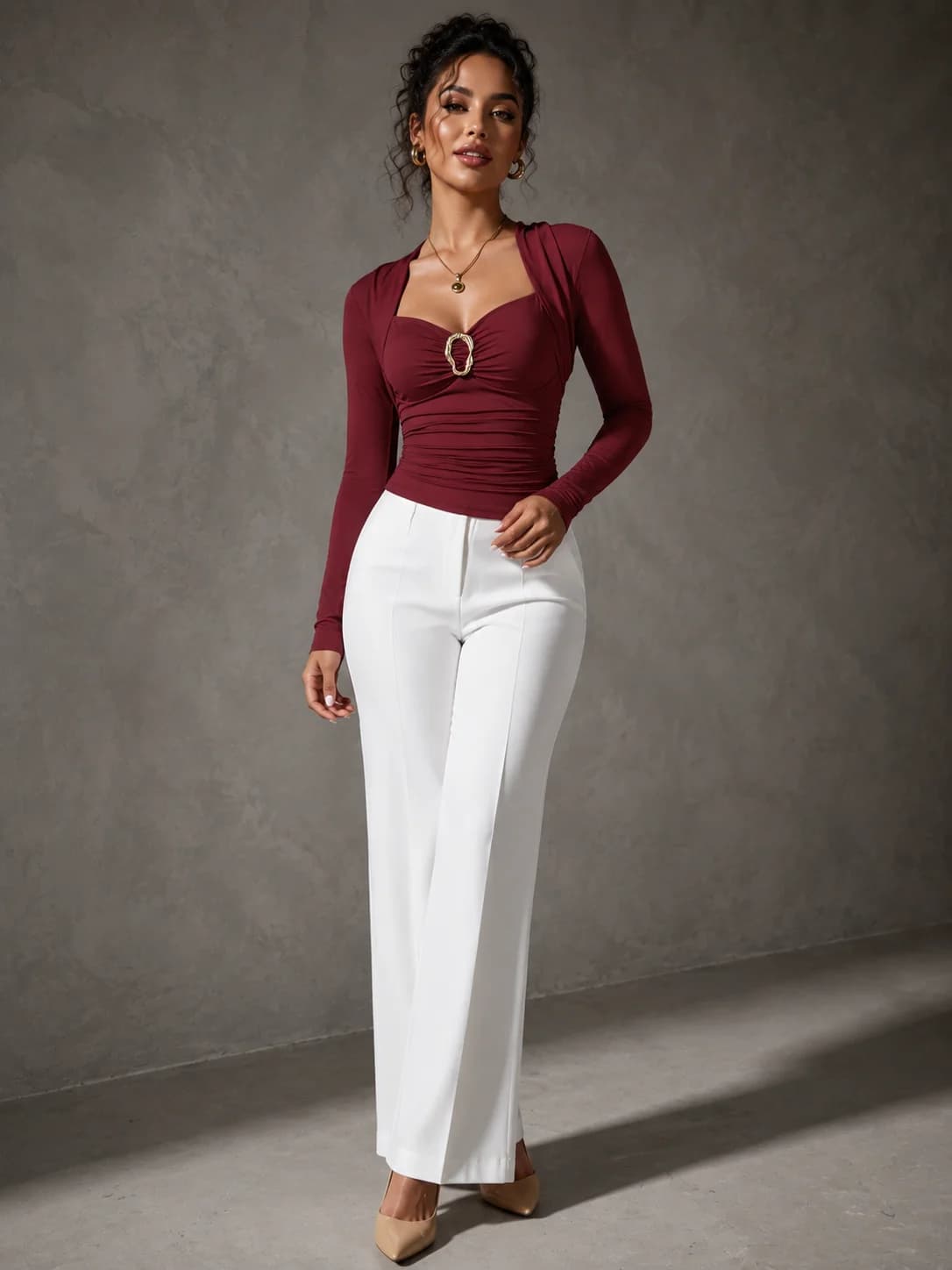 Metal Ring Ruched Long Sleeve Tops for Women, Sweetheart Neck Wrap Shoulder Fitted Y2K Crop Blouse Slim Fit Going‑out Party Shirts