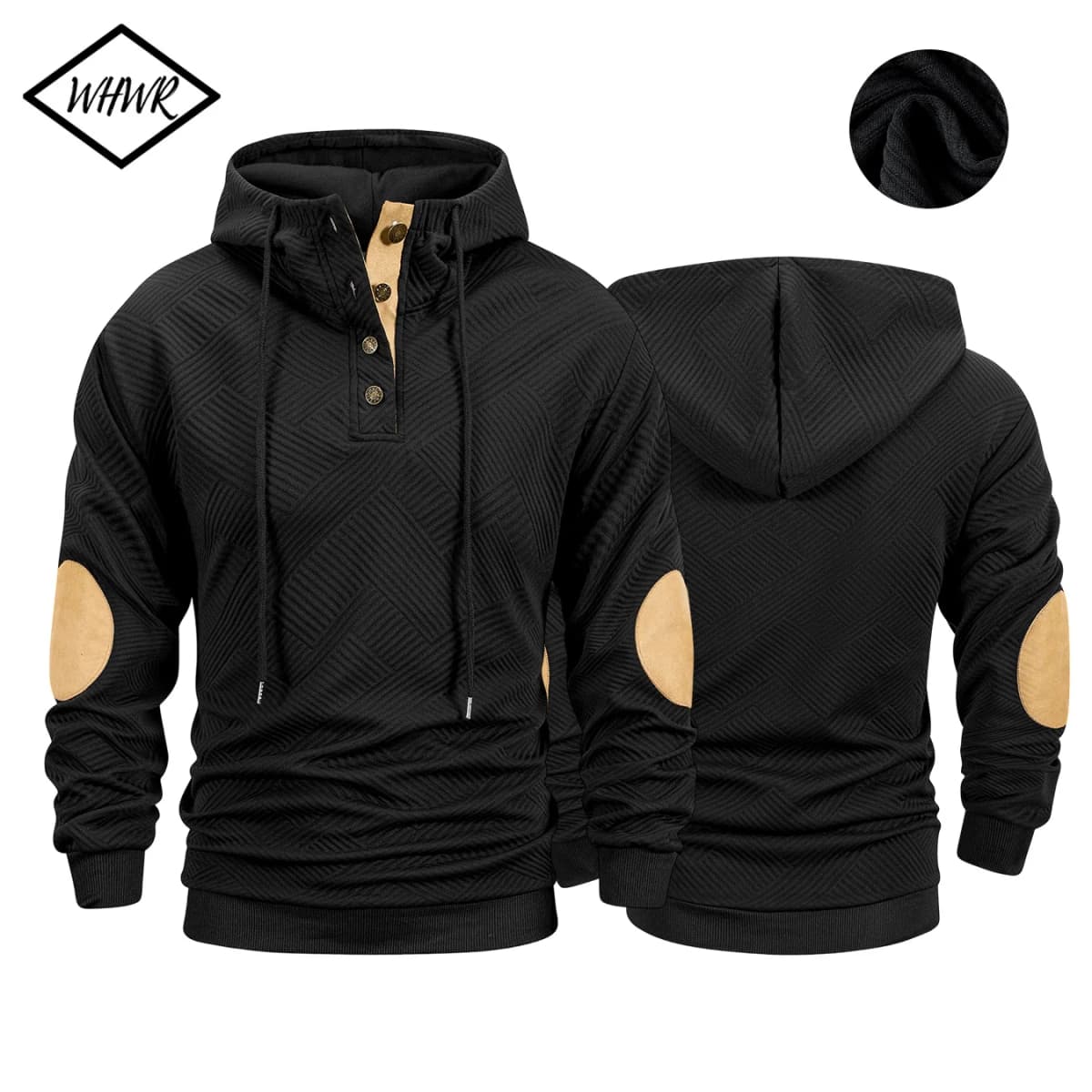 Men Button Henley Hoodie Geometric Jacquard Pullover Hooded Sweatshirt Elbow Patches Drawstring Long Sleeve Casual Top
