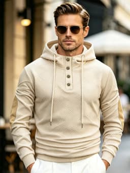 Men Button Henley Hoodie Geometric Jacquard Pullover Hooded Sweatshirt Elbow Patches Drawstring Long Sleeve Casual Top