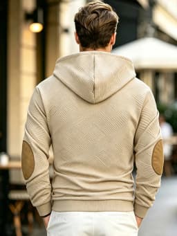 Men Button Henley Hoodie Geometric Jacquard Pullover Hooded Sweatshirt Elbow Patches Drawstring Long Sleeve Casual Top