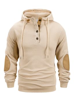 Men Button Henley Hoodie Geometric Jacquard Pullover Hooded Sweatshirt Elbow Patches Drawstring Long Sleeve Casual Top