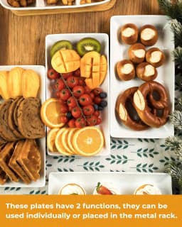 Large 3 Tier Porcelain Serving Stand with Gold Metal Rack, Space Saving Rectangular Dessert Platters for Fruit, Cake, Sandwiches & Party Food, Easy Assembly, Dishwasher Safe Kitchen Tableware