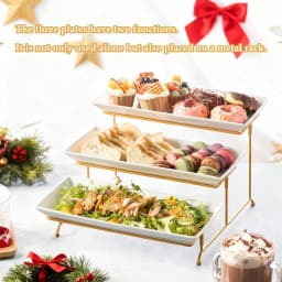 Large 3 Tier Porcelain Serving Stand with Gold Metal Rack, Space Saving Rectangular Dessert Platters for Fruit, Cake, Sandwiches & Party Food, Easy Assembly, Dishwasher Safe Kitchen Tableware