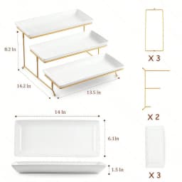 Large 3 Tier Porcelain Serving Stand with Gold Metal Rack, Space Saving Rectangular Dessert Platters for Fruit, Cake, Sandwiches & Party Food, Easy Assembly, Dishwasher Safe Kitchen Tableware
