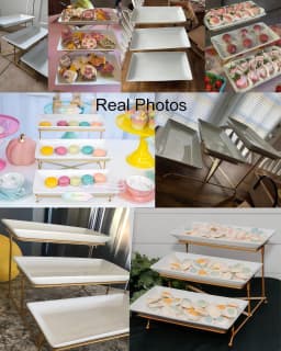 Large 3 Tier Porcelain Serving Stand with Gold Metal Rack, Space Saving Rectangular Dessert Platters for Fruit, Cake, Sandwiches & Party Food, Easy Assembly, Dishwasher Safe Kitchen Tableware