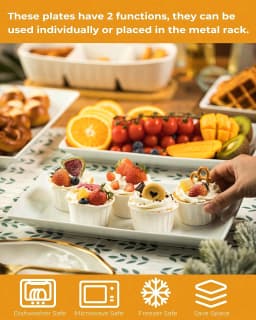 Large 3 Tier Porcelain Serving Stand with Gold Metal Rack, Space Saving Rectangular Dessert Platters for Fruit, Cake, Sandwiches & Party Food, Easy Assembly, Dishwasher Safe Kitchen Tableware