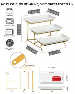 Large 3 Tier Porcelain Serving Stand with Gold Metal Rack, Space Saving Rectangular Dessert Platters for Fruit, Cake, Sandwiches & Party Food, Easy Assembly, Dishwasher Safe Kitchen Tableware