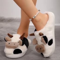 Women Kawaii Fuzzy Cute Cow Slippers for Women Winter Warm Cozy Animal Girl Slippers Walking Shoes Fur Lined Clogs