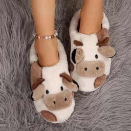 Women Kawaii Fuzzy Cute Cow Slippers for Women Winter Warm Cozy Animal Girl Slippers Walking Shoes Fur Lined Clogs