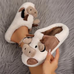 Women Kawaii Fuzzy Cute Cow Slippers for Women Winter Warm Cozy Animal Girl Slippers Walking Shoes Fur Lined Clogs