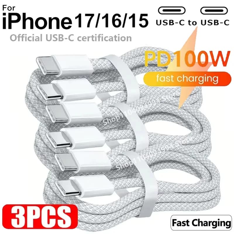 3PCS 100W USB-C To Type C Cable for IPhone 15 16 17 Pro PD Fast Charging Wire for Huawei Xiaomi Samsung Weaving Data Cable Line