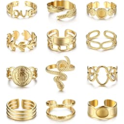 12Pcs Gold-plated Rings Set for Women Stainless Steel Stackable Rings Boho Signet Snake Adjustable Knuckle Rings Jewel
