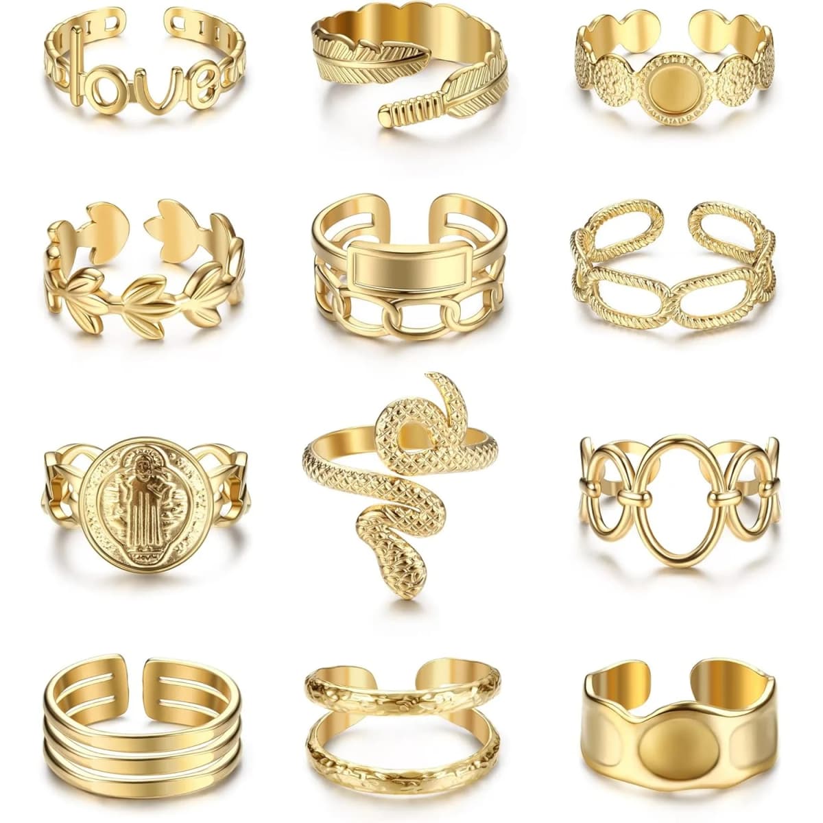12Pcs Gold-plated Rings Set for Women Stainless Steel Stackable Rings Boho Signet Snake Adjustable Knuckle Rings Jewel