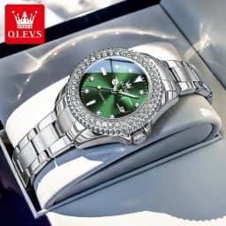 OLEVS 9945 Luxury Women Original Quartz Movement Watch Diamond Scale Stainless Steel Bracelet Luminous Function 30M Waterproof Watch