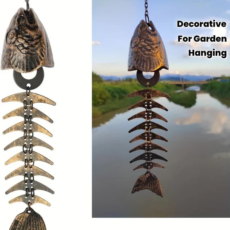 1Pc Christmas Metal Fish Bone Wind Chime, Hanging Iron Art Wind Chime for Patio Lawn Garden Porch Festival Gift for Friends