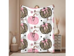 Leopard Pink Pumpkin Velveteen Throw Blanket, Cute Fall Pumpkin Print Cozy Blanket for Girls Women, Bed Sofa Couch Autumn Home Decor