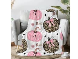 Leopard Pink Pumpkin Velveteen Throw Blanket, Cute Fall Pumpkin Print Cozy Blanket for Girls Women, Bed Sofa Couch Autumn Home Decor