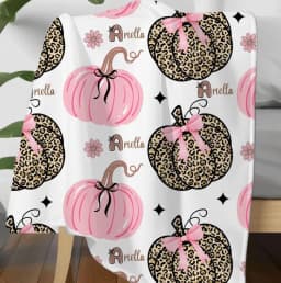 Leopard Pink Pumpkin Velveteen Throw Blanket, Cute Fall Pumpkin Print Cozy Blanket for Girls Women, Bed Sofa Couch Autumn Home Decor