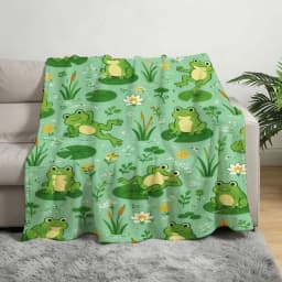 Cozy Fleece Throw Blanket Mint Green with Cute Cartoon Frogs on Lily Pads Pattern, Warm Lightweight Cozy Blanket for Sofa Bed Couch Travel Camping Indoor Outdoor Use
