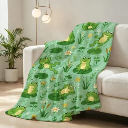 Cozy Fleece Throw Blanket Mint Green with Cute Cartoon Frogs on Lily Pads Pattern, Warm Lightweight Cozy Blanket for Sofa Bed Couch Travel Camping Indoor Outdoor Use