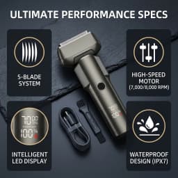 Electric Shaver for Men 5-Blade Reciprocating Foil Razor 10000 RPM High Velocity Motor LED Digital Display IPX6 Waterproof Wet Dry Shaving Type-C Fast Rechargeable Gunmetal Metallic Grooming Kit