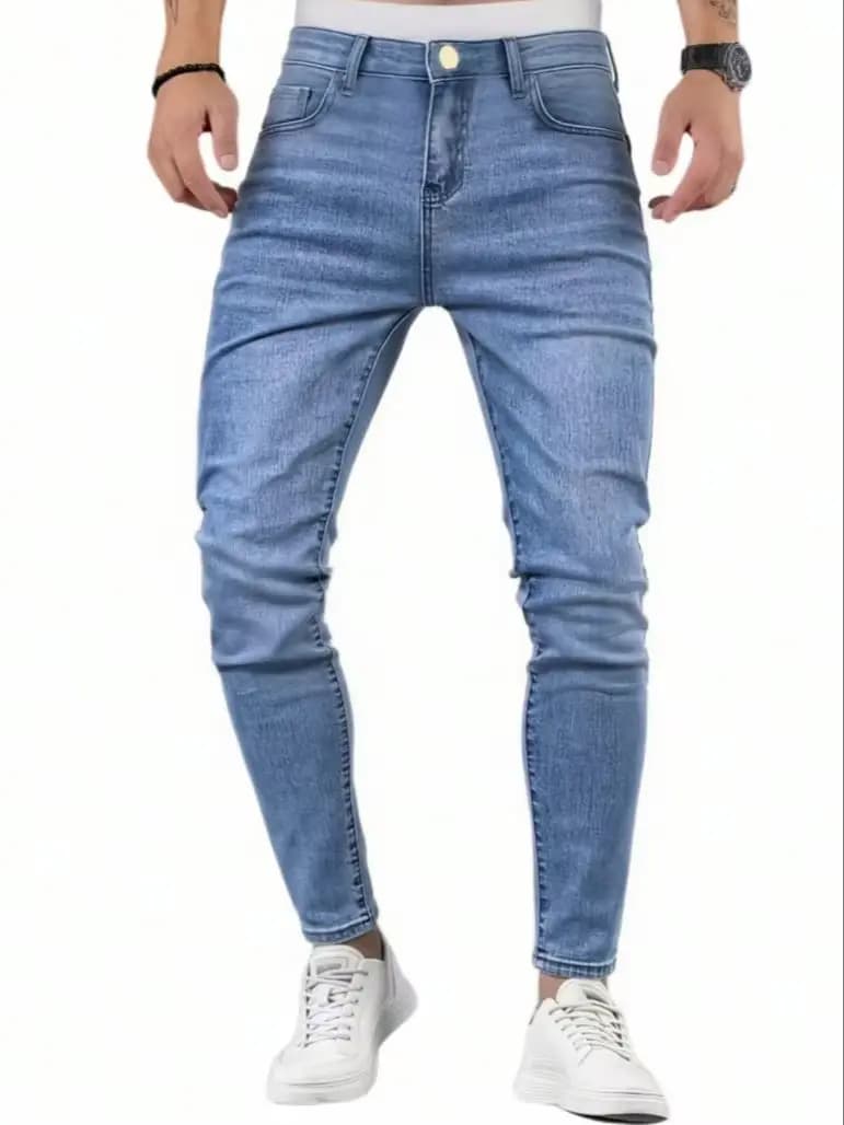 Trendy Slim-Fit Men'S Blue Denim Jeans with Stretch, Perfect for Casual Wear, Featuring a Modern Design for Young Adults